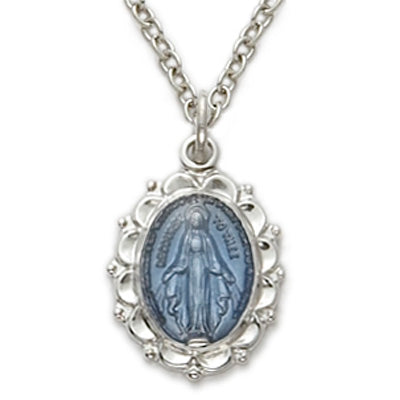 Sterling Silver Blue Miraculous Medal & Chain