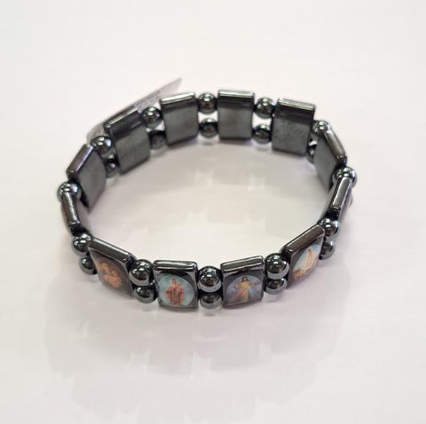 HEMATITE STRETCH BRACELET WITH SAINT IMAGES