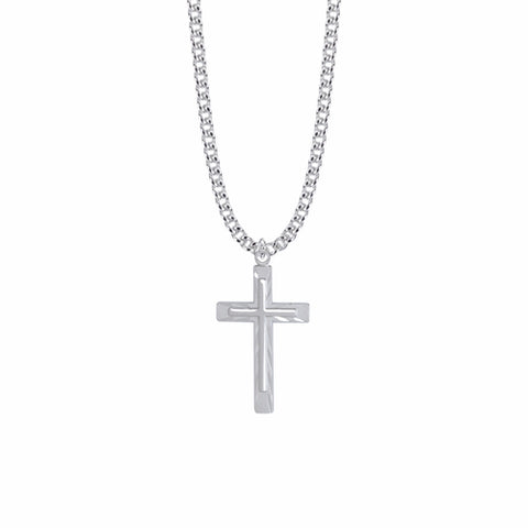 1-1/4 Inch Sterling Silver Diamond Engraved Inner Cross Necklace - 24" Chain