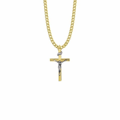 1-1/8 Inch Two-Tone 14KT Gold Plated Over Sterling Silver Crucifix Necklace - 20" Chain