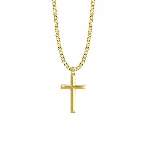 1-3/16 Inch 18KT Gold Plated Over Sterling Silver Beveled Inner Cross Necklace - 24" Chain