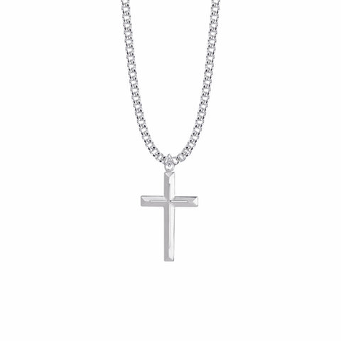 1-3/16 Inch Sterling Silver Beveled Inner Cross Necklace - 24" Chain