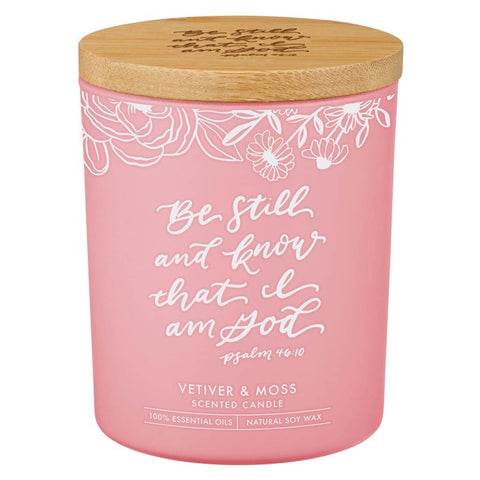 Glass Candle w/Bamboo Lid Pink Be Still Ps. 46:10 (4.5 Oz)