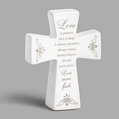 Tabletop Cross-Love Is Patient...Love Never Fails-Ceramic (4.5"H)