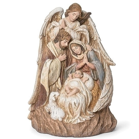 6"H FAUX WOOD HOLY FAMILY WITH SHEEP AND ANGEL FIGURE