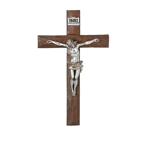 CRUCIFIX 11.5" BEVELLED WOOD W SILV