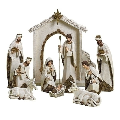 NAT SET 10 PC IVORY NATIVITY TRIM IN GOLD 12"