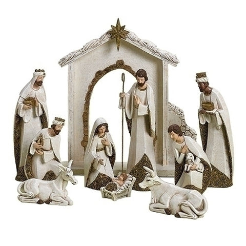 12"H 10PC SET IVORY NATIVITY TRIM IN GOLD; FIGURES