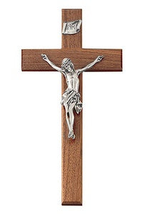 15" CRUCIFIX WALNUT W ANTIQUE PEWTER CORPUS