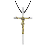 4 Inch Two-Tone Silver and Gold Plated Clergy Crucifix Necklace on 30 Inch Leather Cord