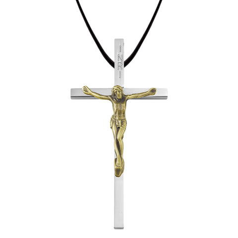 4 Inch Two-Tone Silver and Gold Plated Clergy Crucifix Necklace on 30 Inch Leather Cord