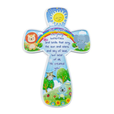 6" Child Rainbow Jungle Resin Cross in Clear Plastic Box