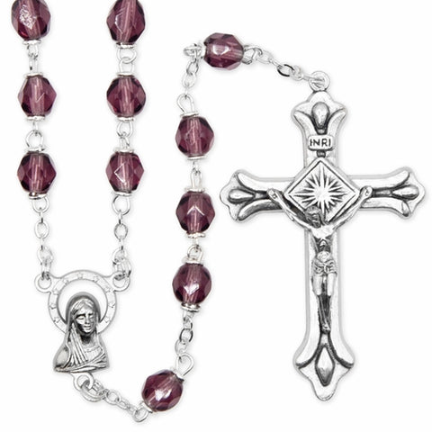 5.5mm Amethyst Fire Crystal Bead Rosary with Crucifix and Madonna Center