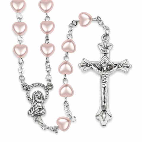5mm Pink Heart Bead Communion Rosary with Crucifix and Madonna Center