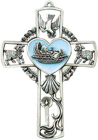 5" H BAPTISM CROSS PEWTER BLUE HEART