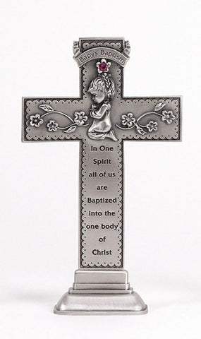 BAPTISM CROSS STANDING PINK JEWEL