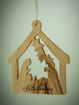 ORNAMENT-OLIVE WOOD-HOLY FAMILY IN STABLE