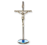4" Silver Tone Metal Crucifix with Transluscent Blue Epoxy Base