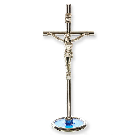 4" Silver Tone Metal Crucifix with Transluscent Blue Epoxy Base