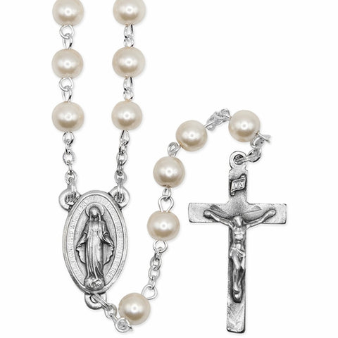6mm Pearl Bead Rosary with Crucifix and Miraculous Center