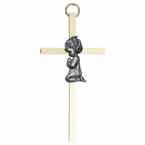 7" PRAYING GIRL WALL CROSS - BRASS W/ PEWTER