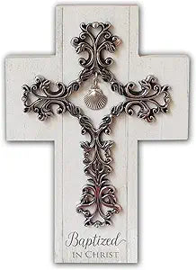 BAPTISM CROSS METAL FILIGREE W/ SHELL