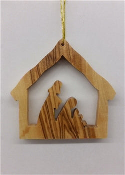 ORNAMENT-OLIVE WOOD-STABLE WITH NATIVITY