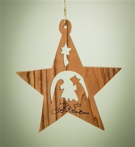 ORNAMENT-OLIVE WOOD-STAR WITH NATIVITY