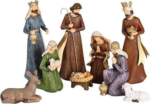 7.75"H 9 PC Nativity Set - Mock Grain Carved Wood