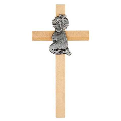 6" LIGHT WOOD CROSS - GIRL PRAYING