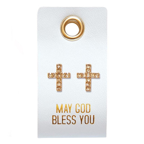 Earrings-May God Bless You/Straight Cross Studs On Leather Tag