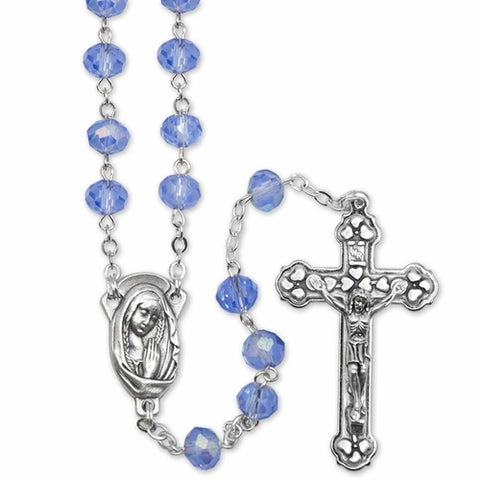 7mm Cut Sapphire Glass Bead Rosary with Crucifix and Madonna Center