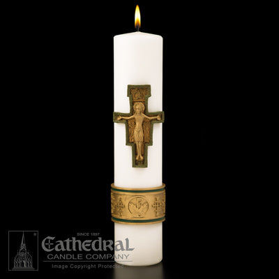 CHRIST CANDLE 14" X 3" CROSS OF ST FRANCIS