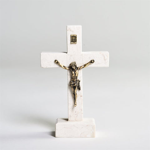 Bethlehem Stone Crucifix on Base with Bronze Pewter Corpus