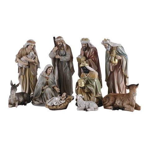 NATIVITY SET 10 PIECE HOLY FAMILY GOLD ACCENTS 8" RESIN