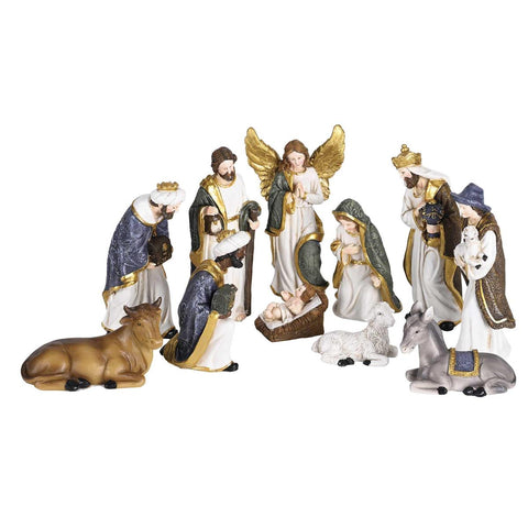 NATIVITY SET 11 PIECE WHITE AND GOLD 5 1/8" RESIN