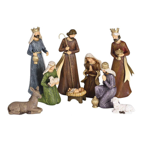 NATIVITY SET 9 PIECE WOOD LOOK 8" RESIN