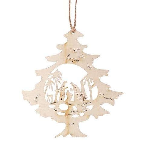 WOOD ORNAMENT TREE WITH CUTOUT HOLY FAMILY DESIGN