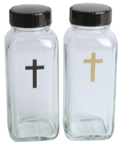 Pair of Glass Cruets with black lids