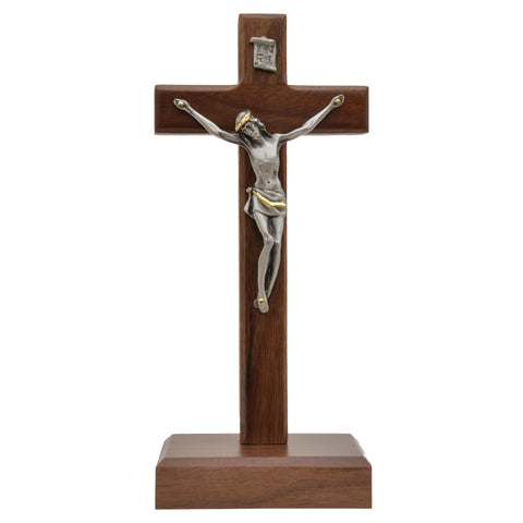 8" CRUCIFIX STANDING WALNUT W/ PEWTER CORPUS