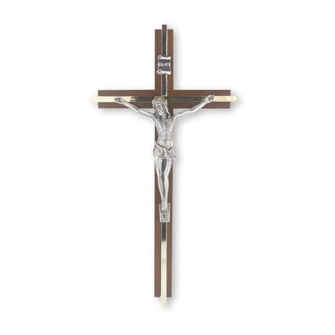 10" WALNUT CRUCIFIX W/ GOLD INLAY AND ANTIQUE SILVER PLATED CORPUS