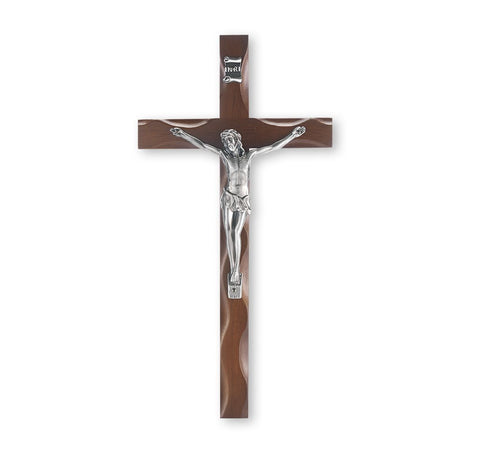 10" WALNUT KNOTCHED CRUCIFIX W/ ANTIQUE SILVER PLATED CORPUS