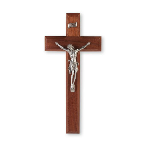 10" WALNUT WOOD CROSS W/ GENUINE PEWTER CORPUS